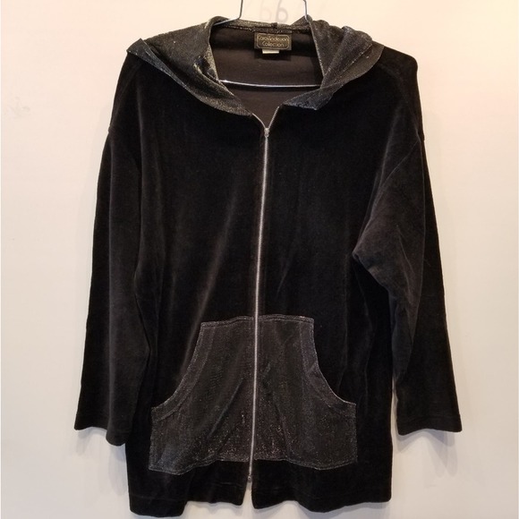 Vintage 90's Black Velour Cardigan Shimmer Hooded Sweatshirt Size M - Picture 6 of 13